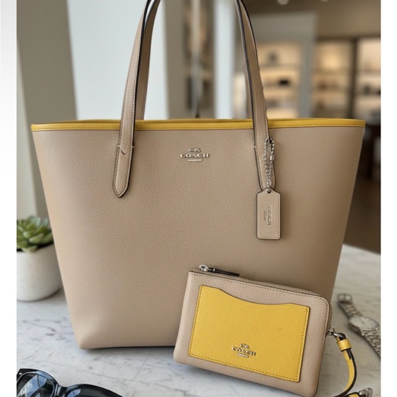 Coach Handbags - Coach City Tote C1757-F59855 Taupe & Yellow Tote Bag w Matching Wristlet